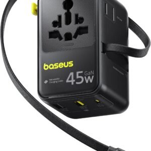 Baseus 45W European Travel Plug Adapter, 6-in-1 Universal Power Adapter with USB-C Retractable Cable, PD Fast Charging GaN International Travel Essentials for Over 200 Countries - Picogo AG11