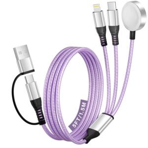 Travel Essentials, 3 in 2 USB A/C Cable to iPhone 17 Charger/Apple Watch Charger/Lightning, Braided Multi Charging Cable Cord, RV Camping Essentials, Designed for iWatch Series & iPhone17-11/iPad-5FT