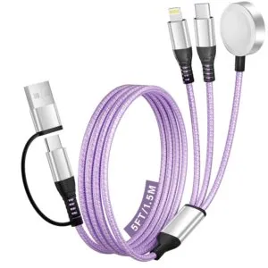 Travel Essentials, 3 in 2 USB A/C Cable to iPhone 17 Charger/Apple Watch Charger/Lightning, Braided Multi Charging Cable Cord, RV Camping Essentials, Designed for iWatch Series & iPhone17-11/iPad-5FT