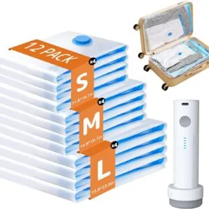 12 Pack Vacuum Bags for Travel with Rechargeable Air Pump, Carry-On Compression Bags for Luggage and Suitcase, Space Saver Storage for Clothing and Travel Organization