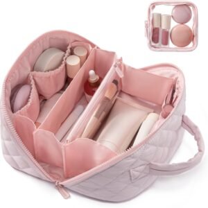 LOVEVOOK Travel Makeup Bag for Women, 2Pcs Puffer Waterproof Cosmetic Organizer, Large Capacity Pouch Open Flat Small Toiletry Bag with Brush Compartment & Handle (Pink, Medium)