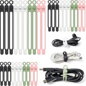 OneLeaf 30Pcs Cord Organizer, Silicone Cable Ties Reusable, Cord Ties for Electronics, Multipurpose Elastic Wire Ties, Travel Essentials for Cable Organizer, Wire Organizers for Fastening Cords