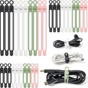 OneLeaf 30Pcs Cord Organizer, Silicone Cable Ties Reusable, Cord Ties for Electronics, Multipurpose Elastic Wire Ties, Travel Essentials for Cable Organizer, Wire Organizers for Fastening Cords