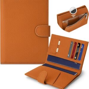 Genuine Leather Passport Holder for Women Men, Hidden Airtag Pocket, RFID Blocking, Zippered Coins Pocket & Cash Compartment Travel Gifts Essentials Passport Cover Case - Yellowish-brown