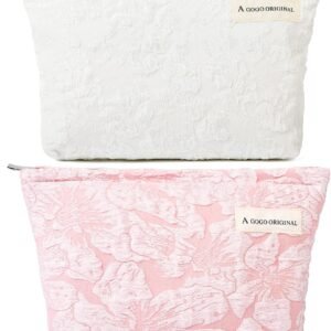 SOIDRAM 2 Pieces Flower Makeup Bag Large Floral Cosmetic Bag Capacity Canvas Travel Toiletry Bag Organizer Cute Makeup Brushes Aesthetic Accessories Storage Bag for Women, Flower L White Pink