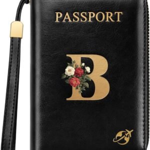Passport Holder Cover Wallet with Zipper Personalized Initial Letter B Rose Flower RFID Blocking Travel Wallets Credit Cards Holder for Women, Gift for Wife and Girlfriend,B