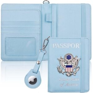 Cnycmy Passport Holder with Airtag slot,Passport-Wallet-Holder for Women,for Family, Rfid Passport Book Card Slot Waterproof, passport holder for travel (light blue1)