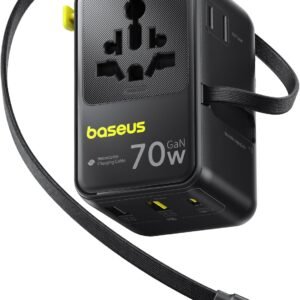 Baseus 70W Universal Travel Adapter, 6-in-1 International Plug Adapter with Retractable Cable, USB-C PD Fast Charging Worldwide Wall Charger for USA/EU/UK/AUS and Over 200 Countries - Enercore CG11