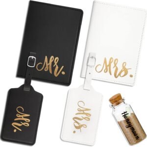 Saintrygo 5 Pcs Mr and Mrs Passport Holder Cover Travel Luggage Tag Honeymoon Set Couple Gift for Wedding Engagement Newlyweds Couples Women