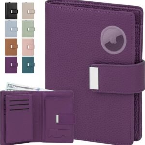 BKNOOU Passport Holder Travel Wallet Compact for Women Men, Leather Passport Wallet RFID Blocking with Airtag Slot Card Holders,Zippered Coins Pocket and Cash Compartment (Purple)