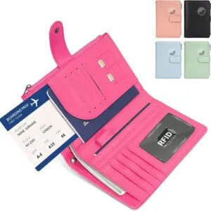 RFID Passport Holder for Women/Men Travel Gifts, Large Capacity Passport Wallet, Family Travel Documents Organizer with Card/Airtag Slots, Zipper coin pocket, Cash Holder Passport Cover Case(Hot Pink)