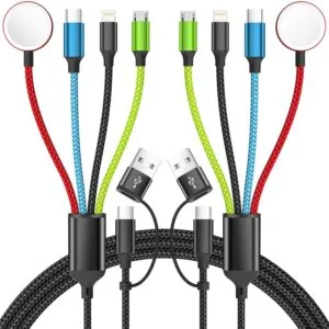 Travel Essentials 4 in 2 Multi Charging Cable for Apple iWatch Charger, USB A/USB C Multiple Charger Cord for iWatch Ultra/SE/11-2, iPhone 17-5, Galaxy S25-21, iPad (2PACK 5FT)