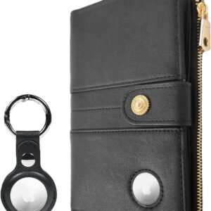 elzama Women's RFID Blocking Passport Wallet, Black with Airtag Holder, Includes Keychain & Pen Holder, Zippered, 11 Pockets, Faux Leather, Slim