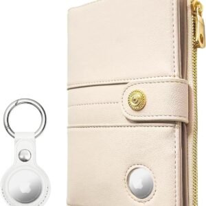 elzama Passport Holder with Airtag Slot for Travel Women, RFID Passport Wallet with Airtag Holder, Zipper Pocket Card Slots Pen Holder & Airtags Keychain (Air tag Not Included) Ivory