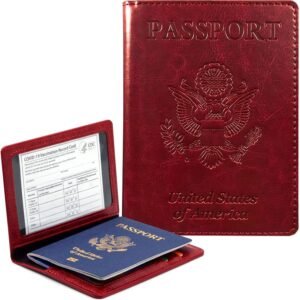 Passport Holder Cover Wallet Case RFID Blocking Leather Card Slot Travel Accessories Documents Organizer Protector for Women Men, Wine Red