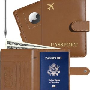 Beanumerous Passport Holder with Airtag Slot Cards Cash Air Ticket Pocket, Travle Gifts for Women Men RFID Blocking Wallet, Passport Book Cover Case Brown