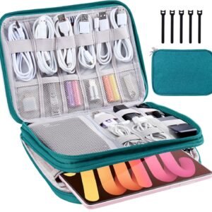 CNPOP Electronics Organizer,Travel Cable Organizer Bag,Water Resistant Double Layers Pouch for Cable,Cord,iPhone,iPad Mini,Gift for Men Electronic Accessories Storage Case with 5 Cable Ties,Green