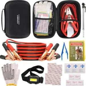 Car Emergency Kit with Battery Jumper Cables,Car Accessories for Men or Women,Emergency Car Kit,Roadside Automotive Safety Kit for Car,Vehicle,Truck or SUV,Gifts for Men or Him,Black