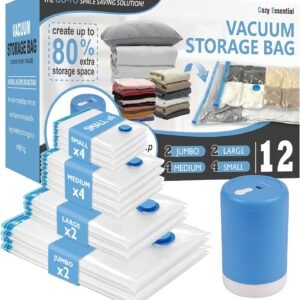 Cozy Essential 12 Pack Travel Vacuum Storage Bags with Rechargeable Wireless Electric Pump for Luggage, Suitcase, Carry-on Size Vacuum Seal Compression Space Saver Bags for Clothes and Clothing Travel