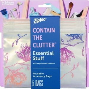 Ziploc Reusable Travel Makeup and Accessory Bag, Great for School or Work, Charm Collection, 5 Essential Style Bags