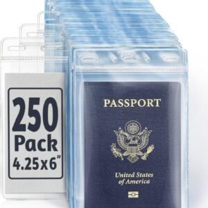 EcoEarth Passport & Identification Card Holders with Soft Edge (Clear, 4x6 Inch, 250 Pack), Extra Large Vertical ID Holder, Zipperless Plastic Name Badge Holders