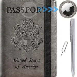 Airtag Passport Holder Cover Wallet Travel Essentials RFID Blocking Leather Card Case International Must Haves Travel Accessories for Women Men(119#Grey)