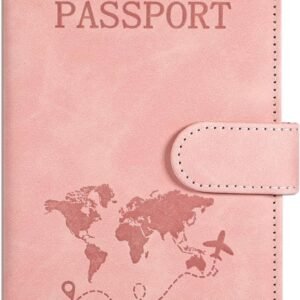 Passport Holder Cover Wallet, Leather RFID Blocking Card Case Case with Buckle and Credit Card Slot, Personalized Waterproof Passports Wallet Travel Essentials for Women/Men (Pink)