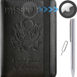 Airtag Passport Holder Cover Wallet Travel Essentials RFID Blocking Leather Card Case International Must Haves Travel Accessories for Women Men(119#Black)