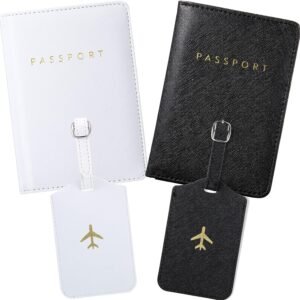 Weewooday 2 Set Mr and Mrs Passport Covers Holder and Luggage Tags Cute Leather Wallets Holder Travel Luggage Tags for Women Men Gift(White, Black)