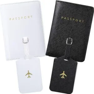 Weewooday 2 Set Mr and Mrs Passport Covers Holder and Luggage Tags Cute Leather Wallets Holder Travel Luggage Tags for Women Men Gift(White, Black)