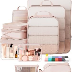 Veken 11 Set Compression Packing Cubes for Travel Essentials,Compressible Expandable Large Luggage Suitcase Organizer Bags for Clothing,Durable Space Saver Storage Bags with Toiletry Bags(Beige)