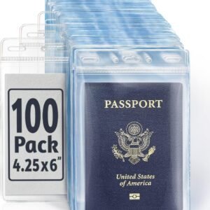 EcoEarth Passport & Identification Card Holders with Soft Edge (Clear, 4x6 Inch, 100 Pack), Extra Large Vertical ID Holder, Zipperless Plastic Name Badge Holders