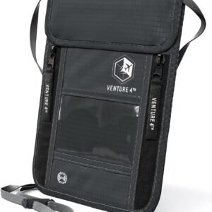 VENTURE 4TH Neck Wallet, RFID Blocking Passport Holder for Travel – Hidden Neck Pouch with 6 Compartments, Slim Lightweight Organizer with Adjustable Strap for Cash, Cards & Passport (Gray)