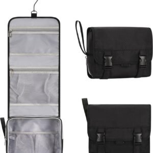 Small Hanging Toiletry Bag for Men and Women, Portable Hanging Organizer for Travel-Sized Shower Dopp Kit, Makeup Accessories, Waterproof Toiletries Organizer with 3 Compartments for Outdoor - Black