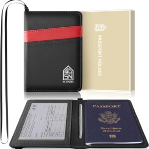 ELASND Passport Holder for Travel with Neck Lanyard, Passport Case Passport Cover with Pen, RFID Blocking Passport Wallet for Men and Women, Black