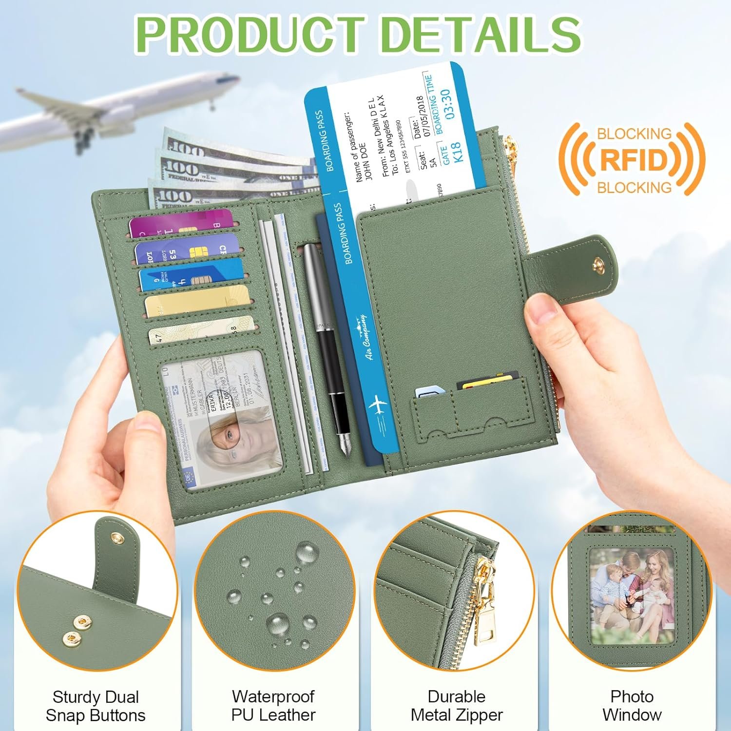 TEUEN Passport Holder for Travel Women, RFID Blocking Passport Wallet with Airtag Slot, PU Leather Passport Cover Travel Wallet with Zippered Coins Pocket for Travel Essentials - Image 5