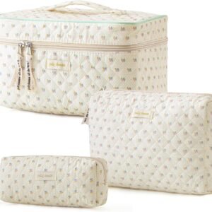 HBselect Quilted Makeup Bag, 3PCS Cotton Large Travel Makeup Bag, Cute Floral Coquette Make up Bag Cosmetic Bag Toiletry Bag for Women Girls