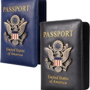 XMLINPER 2 Pcs Passport Holder for Travel Card Slot Combo RFID Blocking Leather Family Passport Wallet Travel Accessories for Men Women (Blue and black)