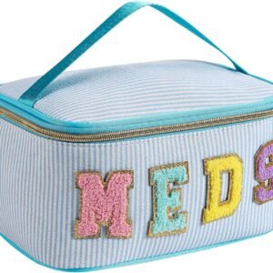 RSRSLEII Chenille Letter MEDS Makeup Bag,Large Size Striped Medicine RX Cosmetic Bag with Top Handle, Aesthetic Seersucker First Aid Travel Organizer Bag for Women Girls(01Blue)