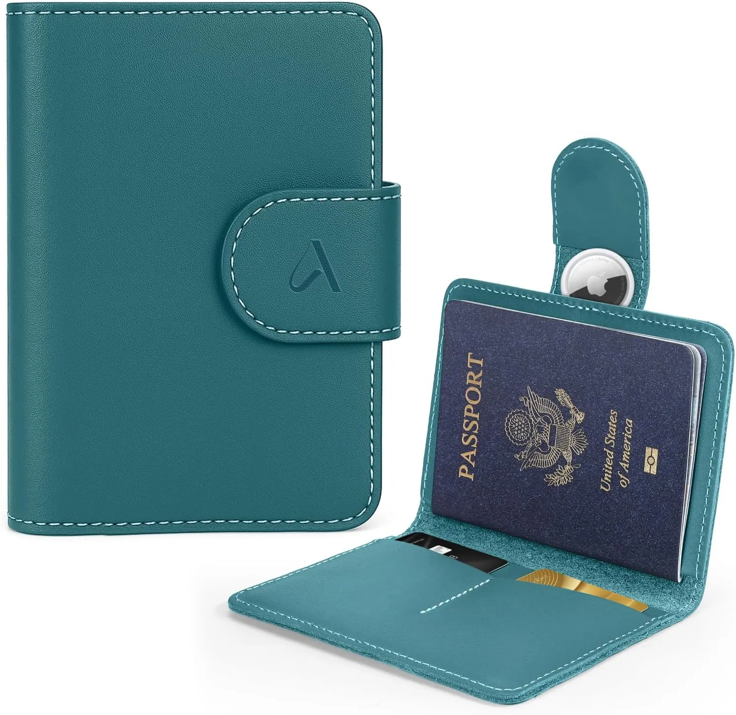 ALLIVE Rfid Passport Holder for Travel Women & Men, Passport Cover Wallet with AirTag Hidden, Genuine Leather Passport Holder Essential for Business Travel, Airport Security (Lake Blue)