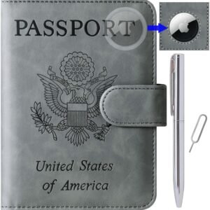 Airtag Passport Holder Cover Wallet Travel Essentials Leather Rfid Blocking Case Vacation Luggage Must Haves Travel Accessories for Men Women (117#Grey)