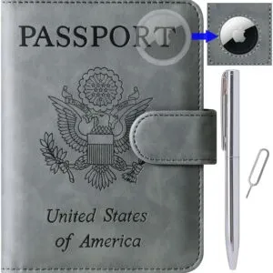 Airtag Passport Holder Cover Wallet Travel Essentials Leather Rfid Blocking Case Vacation Luggage Must Haves Travel Accessories for Men Women (117#Grey)