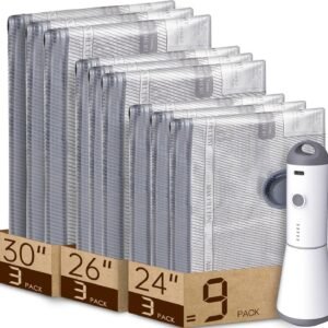 Vacbird 9 Packs Rechargeable Pump Vacuum Bags for Travel Packing, Carry-on Size Vacuum Seal Bags for Luggage and Suitcase Compression, Space Saver for Clothes and Clothing Organization