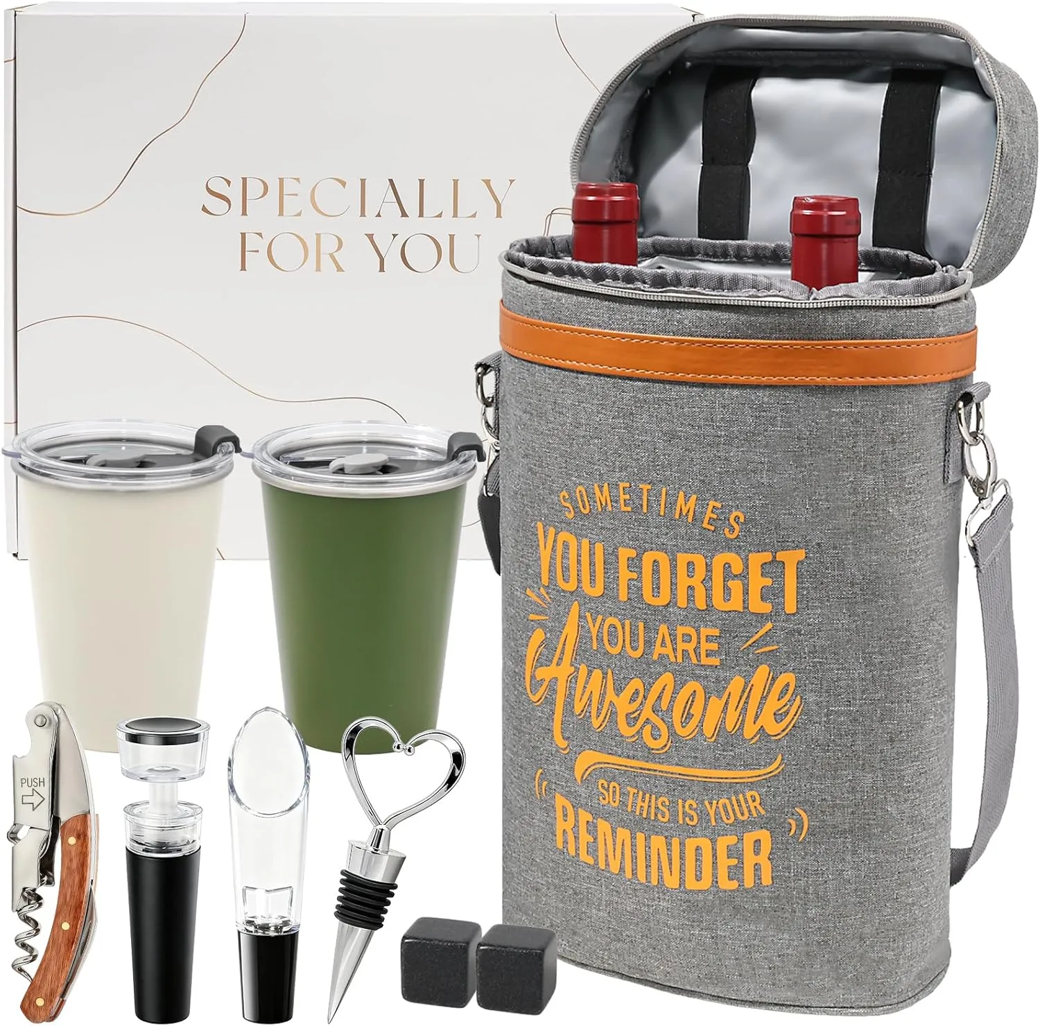 Wine Lovers Gift Set Insulated Cooler Bag Holds 2 Bottles & Includes 2 Tumblers Perfect Portable Carrier for Outdoor Adventures Ideal Birthday Christmas Valentine's Day Anniversary Gift for Women Men