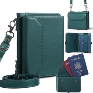 ASAPDOS RFID Blocking Family Passport Holder Wallet,Hold 2-3 Passports for Travel with Credit Card Slots & Wrist Crossbody Strap Blue Green