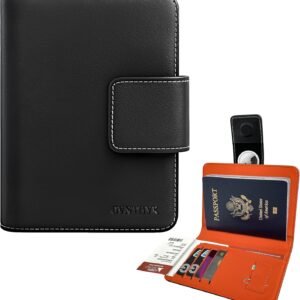 OVNTHYK Passport Holder for Travel - RFID Blocking Genuine Leather Passport Cover Travel Wallet with Hidden AirTag Pocket, Airport Essentials Gift (Black)