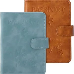 2PCS Passport Book Holder for Travel, Leather Passports Cover with Snap Closure, RFID Blocking Passport Holders Book Case Travel Wallet for Women Men, Airport Essentials Gift(Light Blue/Brown)