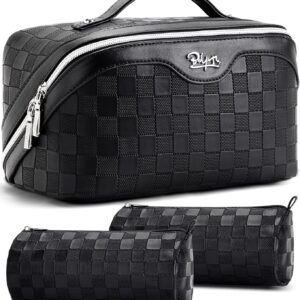 BOYATU Travel Makeup Bag Organizer Cosmetic Bag: 3 Pcs Set Make up Bags for Women with Handle - Waterproof Vegan Leather Toiletry Bags Travel Essentials Pouch with Compartments (01-Black)