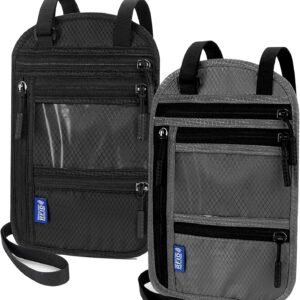 2-Pack Large RFID Blocking Passport Holder for Travel, Hidden Neck Wallet with Phone Pocket, Lightweight Under-Clothing Pouch Fits 7-inch phone & 2 Passports, Anti-Theft Organizer (Black & Dark Gray)