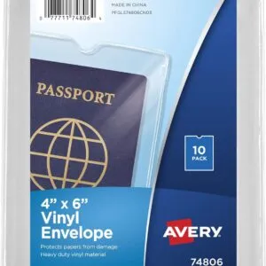 Avery File Envelopes, 4" x 6" Passport Holder, Holds up to 30 Sheets, 10 Clear Vinyl Envelopes (74806)